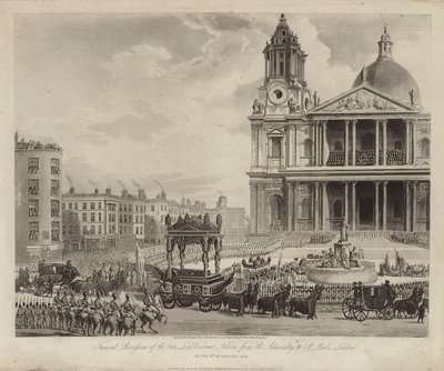 Procissão fúnebre do Almirante Lord Nelson do Almirantado à Catedral de St Paul, City of London 9 de Janeiro de 1806 (gravura) de Augustus Charles (after) Pugin