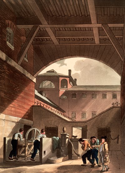 Motor de água na Prisão Cold Bath Fields, Londres, 1808 de Augustus Charles Pugin, Thomas Rowlandson