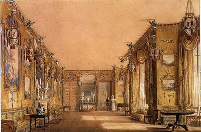 Interior da Sala de Desenho Amarela no Brighton Pavilion, c.1820 (aguarela e guache sobre papel) de Augustus Charles Pugin