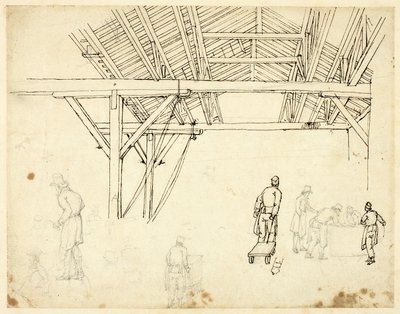 Estudo rejeitado, possivelmente para ilustração da Custom House, da Microcosm of London (reto); Esboços de Trabalhadores com Barris (verso) de Augustus Charles Pugin