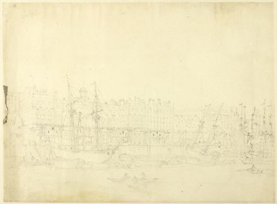 Estudo para a Custom House, a partir do rio Tamisa, de Microcosmos de Londres de Augustus Charles Pugin