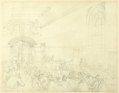 Estudo para Guild Hall, exame de um falido antes de seus credores, da Microcosm of London de Augustus Charles Pugin