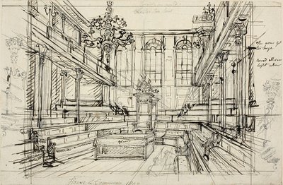 Estudo para a Câmara dos Comuns, da Microcosm of London de Augustus Charles Pugin