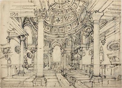 Estudo para Walbrook Church (reto); Esboços de veleiros, homens e botes (verso) de Augustus Charles Pugin