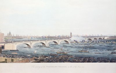 Abertura da Ponte Waterloo em 18 de junho de 1817, gravada por A. Pugin a partir de um desenho de W. Findlater, gravado por R. Havell und Son, 1818 (gravura colorida) de Augustus Charles Pugin