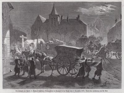 Chegada dos soldados saxões feridos nas batalhas fora de Paris, Guerra Franco-Prussiana, 2 de Dezembro de 1870 (gravura) de Augustus J. Beck