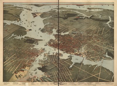 Vista aérea de Norfolk, Portsmouth e Berkley, Norfolk Co., Virgínia. de Augustus; Morning News Lith Koch