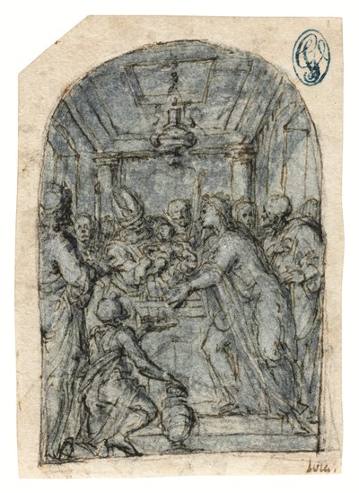 A Apresentação no Templo (giz com caneta e tinta, lavagem e aguçamento branco sobre papel) de Aurelio (attr. to) Luini