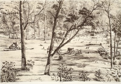 Free Selectors Hut, da história da Australásia por David Blair, McGrady, Thomson e Niven, 1879 de Australian School