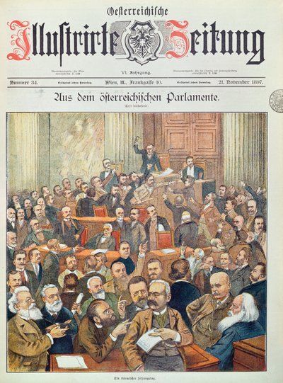 Uma sessão tempestuosa no Parlamento austríaco em Viena, 1897 de Austrian School