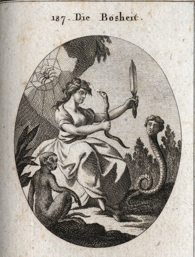 Alegoria do mecâncico. Ela parece feliz com um áspico e uma adaga. Seus atributos são a cobra com um rosto humano que deseja a fraude, o macaco que é o emblema da malícia, e o araignee que alude a armadilhas. Gravura em "Iconologie oder Idee de Austrian School
