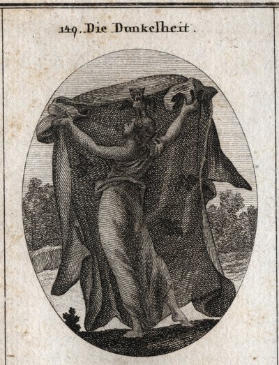 Alegoria das Trevas. Ela estende um véu escuro com o qual impede a penetração da luz. Os seus atributos são a coruja e outras aves nocturnas. Gravura em "Iconologie oder Ideen aus dem Gebiete der Leidenschaften und Allegorien bildestellt dargestellt fur de Austrian School