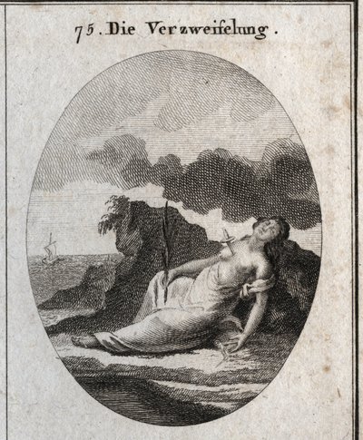 Alegoria do Desespero retrata uma adaga no peito e um ramo de cipó na mão (árvore que uma vez enfeitou os túmulos). A brisa compasso é o emblema da desordem do pensamento. Gravura em "Iconologie oder Ideen aus dem Gebiete der Leidenschaft de Austrian School
