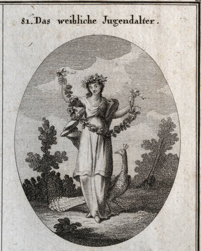 Alegoria da adolescência (adolescente) representada por uma jovem mulher com uma coroa e uma guirlanda de flores para denotar feliz fellicite. O pavão compreende o amor do adorno. O seu pé é colocado sobre um relógio de areia (ampulheta). Gravura em "Icono de Austrian School