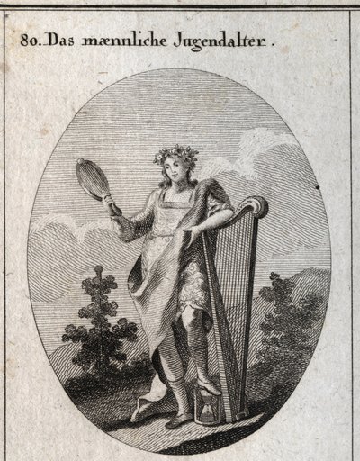 Alegoria da adolescência (adolescente) representada por um jovem encostado a uma harpa e segurando um espelho. O seu pé é colocado sobre um relógio de areia (ampulheta). Gravura em "Iconologie oder Ideen aus dem Gebiete der Leidenschaften und Allegorien bi de Austrian School
