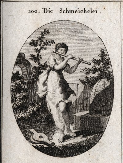 Alegoria de adulação tocando flauta para marcar que ela procura se insinuar pela doçura de suas palavras. Seu atributo é a abelha (pela doçura do mel e o veneno do ferrão) e o fole (o flettery acende o fogo das paixões). Engravin de Austrian School