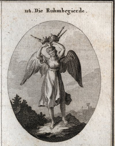 Alegoria de ambição. Suas asas marcam sua inclinação para subir e sua temeridade é projetada por vários tipos de coroas e cetros. A venda sublinha a sua falta de discernimento e a sua cegueira sobre tudo o que ela pensa merecer. Gravura em "Ico de Austrian School