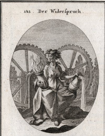Alegoria de aborrecimento. O fato dele está dividido ao meio. Ela segura um recipiente de água e um recipiente de fogo. As duas rodas com dentes movem-se em direcções opostas. Gravação em "Iconologie oder Ideen aus dem Gebiete der Leidenschaften und Allego de Austrian School