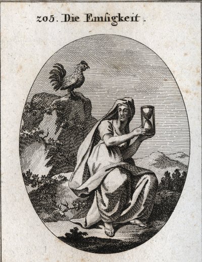 Alegoria de assiduidade. Ela segura um relógio de areia (ampulheta) e senta-se ao pé de uma rocha rodeada por uma planta de hera. O galo é o seu atributo porque a assistência não existe sem vigilância. Gravura em "Iconologie oder Ideen aus dem Gebiete de de Austrian School