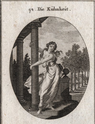 Alegoria de audácia que abraça uma coluna de apoio a um edifício, enquanto tenta derrubá-lo; Gravura em "Iconologie oder Ideen aus dem Gebiet der Leidenschaften und Allegorien bildestellt fur Zeichner, Mahler, Dichter, Gelehrte, Erzieher de Austrian School