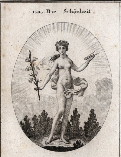 Alegoria da beleza. A compasso é o emblema da precisão das proporções. O lírio é o símbolo da beleza. Gravura em "Iconologie oder Ideen aus dem Gebiete der Leidenschaften und Allegorien bildestellt dargestellt fur Zeichner, Mahler, Dichter, Gelehr de Austrian School