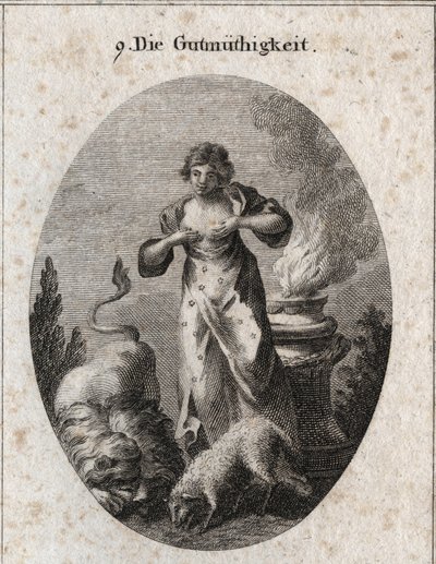 Alegoria da enfermagem benigna ao mesmo tempo um cordeiro e um leão simbolizando igual o mais fraco e o mais forte. O fogo sobre o altar denota sentimentos religiosos. Gravura em "Iconologie oder Ideen aus dem Gebiete der Leidenschaften und Allegorien bild de Austrian School