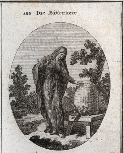 Alegoria de amargura. Ela olha com tristeza para uma planta absinto que germinou numa colmeia de mel. Gravação em "Iconologie oder Ideen aus dem Gebiet der Leidenschaften und Allegorien bildestellt fur Zeichner, Mahler, Dichter, Gelehrte, Erzieher und f de Austrian School