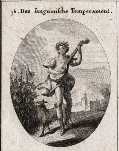 Alegoria da tez de sangue. O bode que come uvas mostra que o sangue é levado aos prazeres do amor e do bacalhau. Gravura em "Iconologie oder Ideen aus dem Gebiete der Leidenschaften und Allegorien bildestellt dargestellt fur Zeichner, Mahler, Dicht de Austrian School