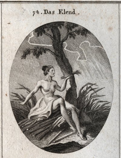Alegoria de calamite. Ela senta-se em brisas cuja fragilidade é a imagem da instabilidade da fortuna e das misérias da vida. Gravura em "Iconologie oder Ideen aus dem Gebiete der Leidenschaften und Allegorien bildestellt dargestellt fur Zeichner, Mahler, de Austrian School