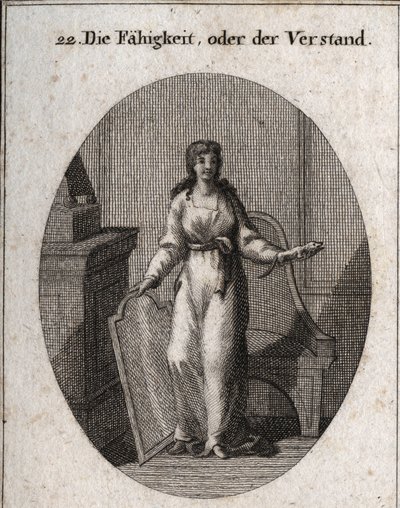 Alegoria de capacidade (ou inteligência). O cameleão e o espelho são os seus atributos. Gravura em "Iconologia ou Idéias do Campo das Paixões e Alegorias ilustradas para desenhistas, pintores, poetas, estudiosos, educadores e amigos de Austrian School