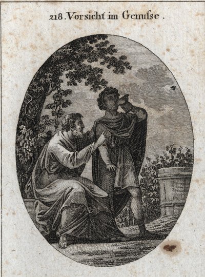 Alegoria de prudência enquanto desfruta. Um filósofo nos adverte que a videira produz três tipos de uvas: a do prazer, a da embriaguez e a dos duplos e da loucura. Gravura em "Iconologie oder Ideen aus dem Gebiete der Leidenschaften und All de Austrian School