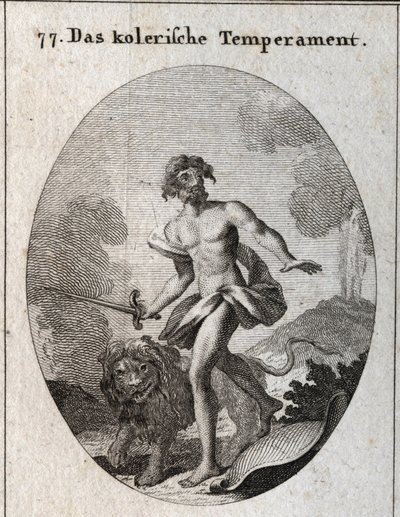 Alegoria da compleição colérica. Ele segura uma espada para atacar e apenas atirou o seu escudo esquecendo-se de se defender. O seu atributo e um leão ameaçador. Gravura em "Iconologie oder Ideen aus dem Gebiete der Leidenschaften und Allegorien bildich da de Austrian School