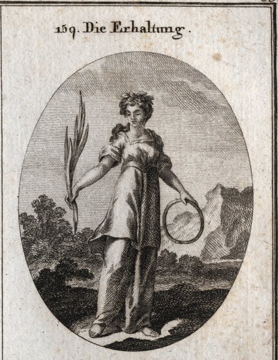 Alegoria de conservação. O ramo de cedro é incorruptível, mas é também o emblema da conservação e o círculo da sucessão conti. Ela usa uma coroa de plantas aromáticas que foram usadas pelos egípcios para preservar os mortos. Gravura em "Icono de Austrian School