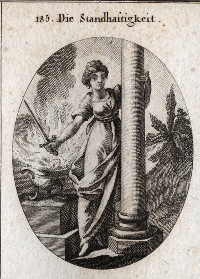 Alegoria de constância. Ela segura uma espada sobre um fogo ardente. A coluna que ela abraça é o atributo da fazenda. Gravura em "Iconologie oder Ideen aus dem Gebiete der Leidenschaften und Allegorien bildestellt fur Zeichner, Mahler, Dichter, Ge de Austrian School