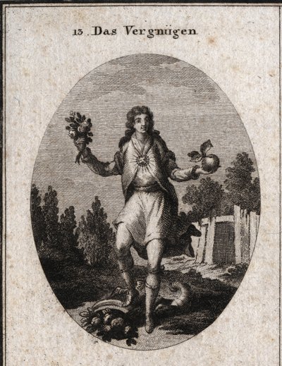 Alegoria de contentamento representada por um jovem segurando uma maçã dourada com uma mão e um buquê de flores na outra. Mostram que tudo o que o rodeia participa da sua alegria, que é simbolizada pelo rubi que lhe irradia no peito. Seu de Austrian School