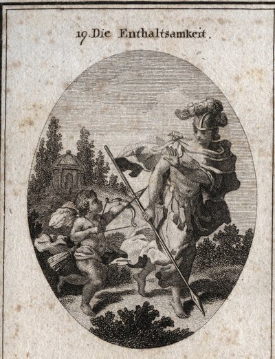 Alegoria da continência, virtude heróica representada como um guerreiro com um capacete e uma lança voltada para a terra. Ela evita combater as paixões (representadas pelo amor) e se defende de seus atrativos para preservar sua casta. Gravura em "Iconologi de Austrian School
