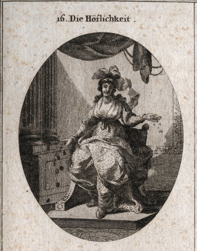 Alegoria de cortesia representada por uma mulher rica, graciosa e sorridente que repreende o dinheiro e as jóias. Gravação em "Iconologie oder Ideen aus dem Gebiet der Leidenschaften und Allegorien bildestellt fur Zeichner, Mahler, Dichter, Gelehrte, Er de Austrian School