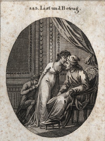 Alegoria de astúcia e engano. Expressão: Quem te dá mais carícias do que o habitual, é sinal de que te enganou ou de que te quer enganar. Gravura em "Iconologie oder Ideen aus dem Gebiete der Leidenschaften und Allegorien bildich de Austrian School
