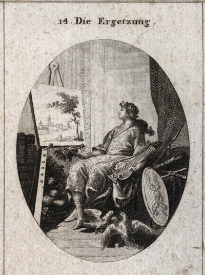 Alegoria de divertimento representada por um jovem segurando uma lira perto de um quadro com frutas, livros, armas e dois colombos que se acariciam, tudo simbolizando o encanto dos sentidos. Gravura em "Iconologie oder Ideen aus dem Gebiete der Leid de Austrian School
