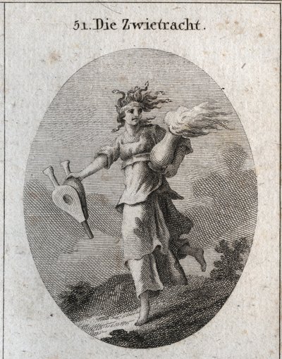 Alegoria da discórdia. Seu cabelo é formado por víboras e sua testa é uma bandagem ensanguentada. Um fole numa mão e na outra um vaso de fogo. Gravura em "Iconologie oder Ideen aus dem Gebiete der Leidenschaften und Allegorien bildestellt dargestellt fur Z de Austrian School