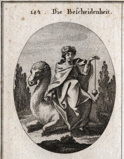 Alegoria de discrição. O prumo que ela mantém perpendicular é o atributo da exatidão. Ela senta-se num camelo ajoelhada para facilitar a sua viagem. Gravura em "Iconologie oder Ideen aus dem Gebiete der Leidenschaften und Allegorien bildestellt dargestellt de Austrian School