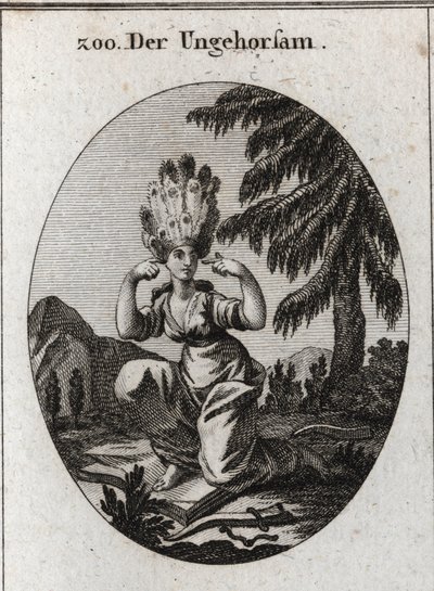 Alegoria de desobediência. O livro da vergonha marca seu desprezo pelas leis e preceitos que ela domina, pisando a seus pés o freio e a brisa do jugo. Ela fecha os ouvidos para não ouvir as repreensões. O seu cabelo é de penas de pavão. Engravi de Austrian School
