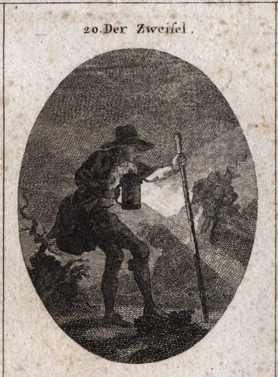 Alegoria de dúvida representada por um jovem caminhando pela escuridão com uma lanterna e um barco que ele ajuda a encontrar seu caminho através de vários caminhos cheios de pedras. Gravura em "Iconologie oder Ideen aus dem Gebiete der Leidenschaften und A de Austrian School