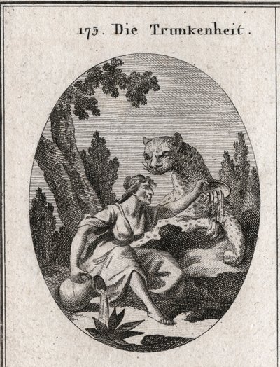 Alegoria da embriaguez. Ela segura um jarro e um copo cheio de vinho que ela deixa. Seu símbolo é uma panela com o símbolo da fúria da embriaguez. Gravura em "Iconologie oder Ideen aus dem Gebiete der Leidenschaften und Allegorien bildestellt dargestellt f de Austrian School
