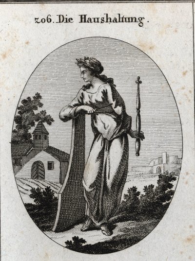 Alegoria da economia. É coroada com um ramo de oliveira simbolizando a paz. Ele se inclina sobre um leme e segura um ceptro e compas, emblemas do poder e do governo exato. Gravura em "Iconologie oder Ideen aus dem Gebiete der Leidenschaften und Allego". de Austrian School