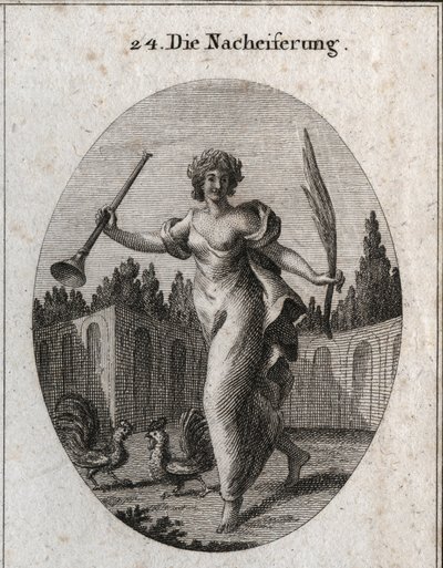 Alegoria de emulação. A trombeta e a palma da mão simbolizam a recompensa atribuída ao merite. Os atributos são dois galos prontos para lutar. Gravação em "Iconologie oder Ideen aus dem Gebiete der Leidenschaften und Allegorien bildestellt dargestellt fur  de Austrian School