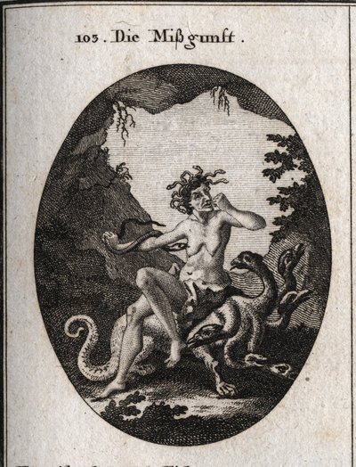 Alegoria de inveja sob a forma de uma mulher velha muito feia. Com raiva, ela morde o punho e uma cobra tenta morder o seu coração. Ela está sentada numa hidra, um monstro parecido com ela. Gravação em "Iconologie oder Ideen aus dem Gebiete der Leidenschaf de Austrian School