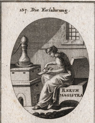 Alegoria da experiência que é o resultado do estudo e do tempo. Ela está a experimentar ouro numa placa de chave. Gravação em "Iconologie oder Ideen aus dem Gebiet der Leidenschaften und Allegorien bildestellt fur Zeichner, Mahler, Dichter, Gelehrte, Erzie de Austrian School