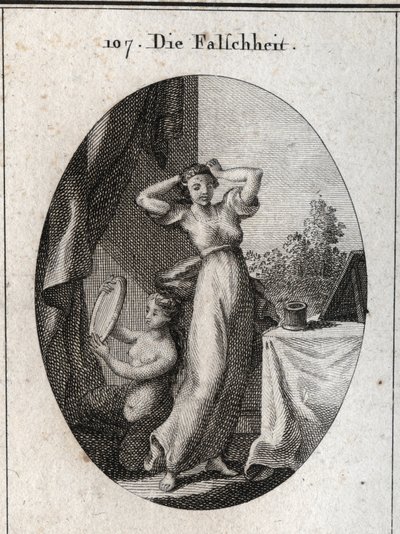Alegoria de falsidade. O seu emblema é uma sirene a olhar para si mesma num espelho. Gravação em "Iconologie oder Ideen aus dem Gebiet der Leidenschaften und Allegorien bildestellt fur Zeichner, Mahler, Dichter, Gelehrte, Erzieher und freunde Hoherer G de Austrian School