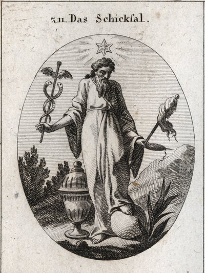 Alegoria do destino. Uma estrela acima dela ejeta relatos de astrologia sobre incidentes da vida humana. Ele segura com uma mão um símbolo decíduo de seu poder e com a outra um símbolo de rabo de gato e um fiuseau cujo fio quebrado indica a fragilidade da  de Austrian School